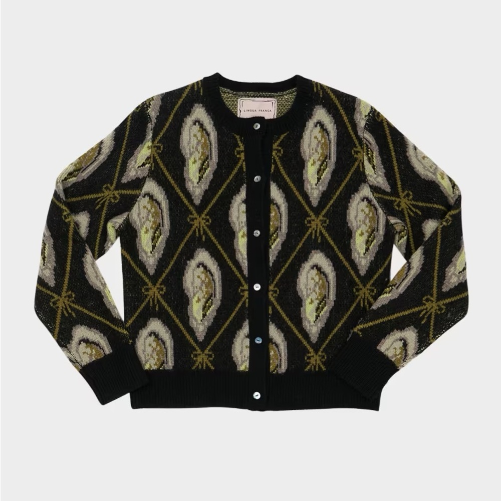 Lingua Franca Jacquard Wool Oyster Cardigan